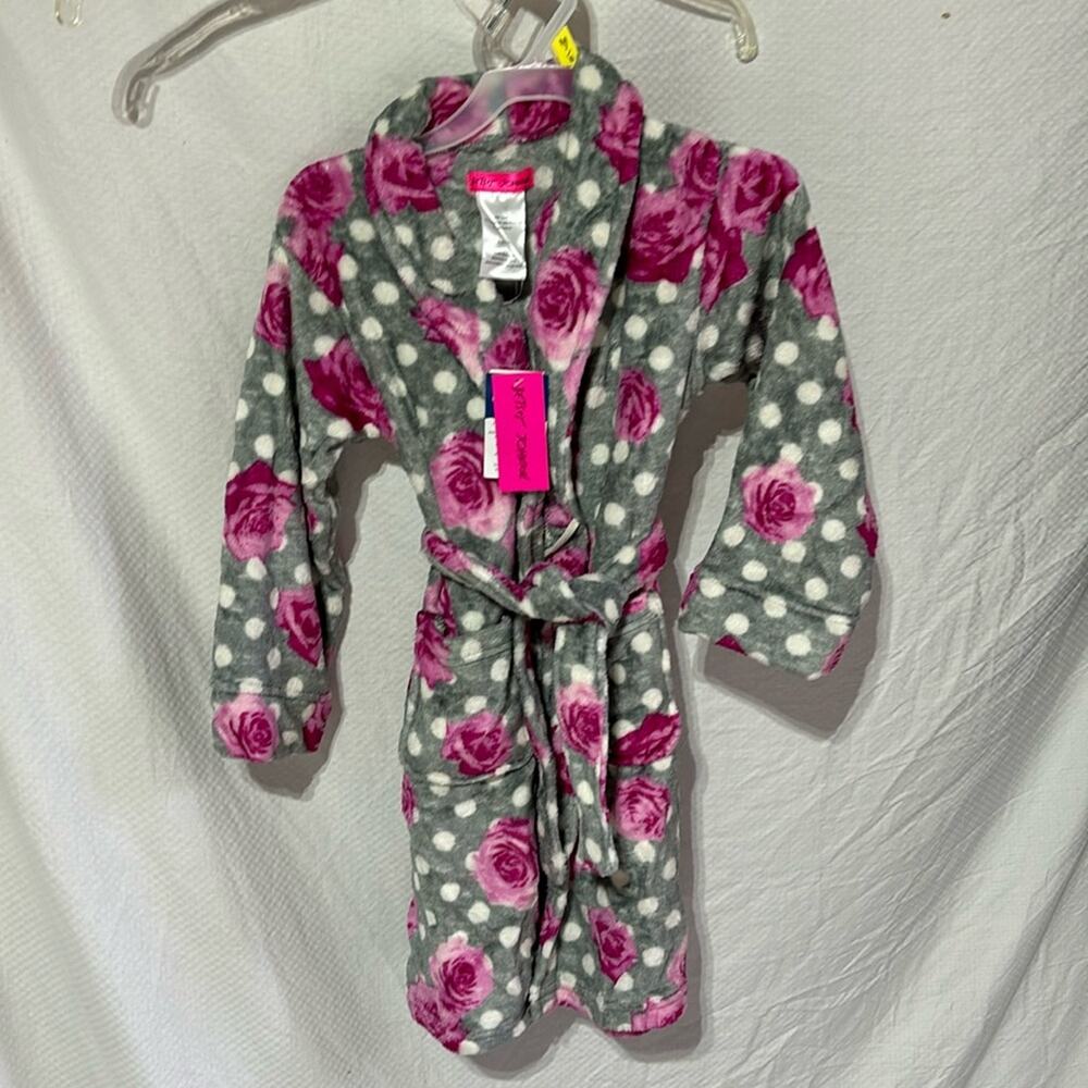 Betsy Johnson 6 fleece grey white polka dot hot pink flower robe pockets nwt